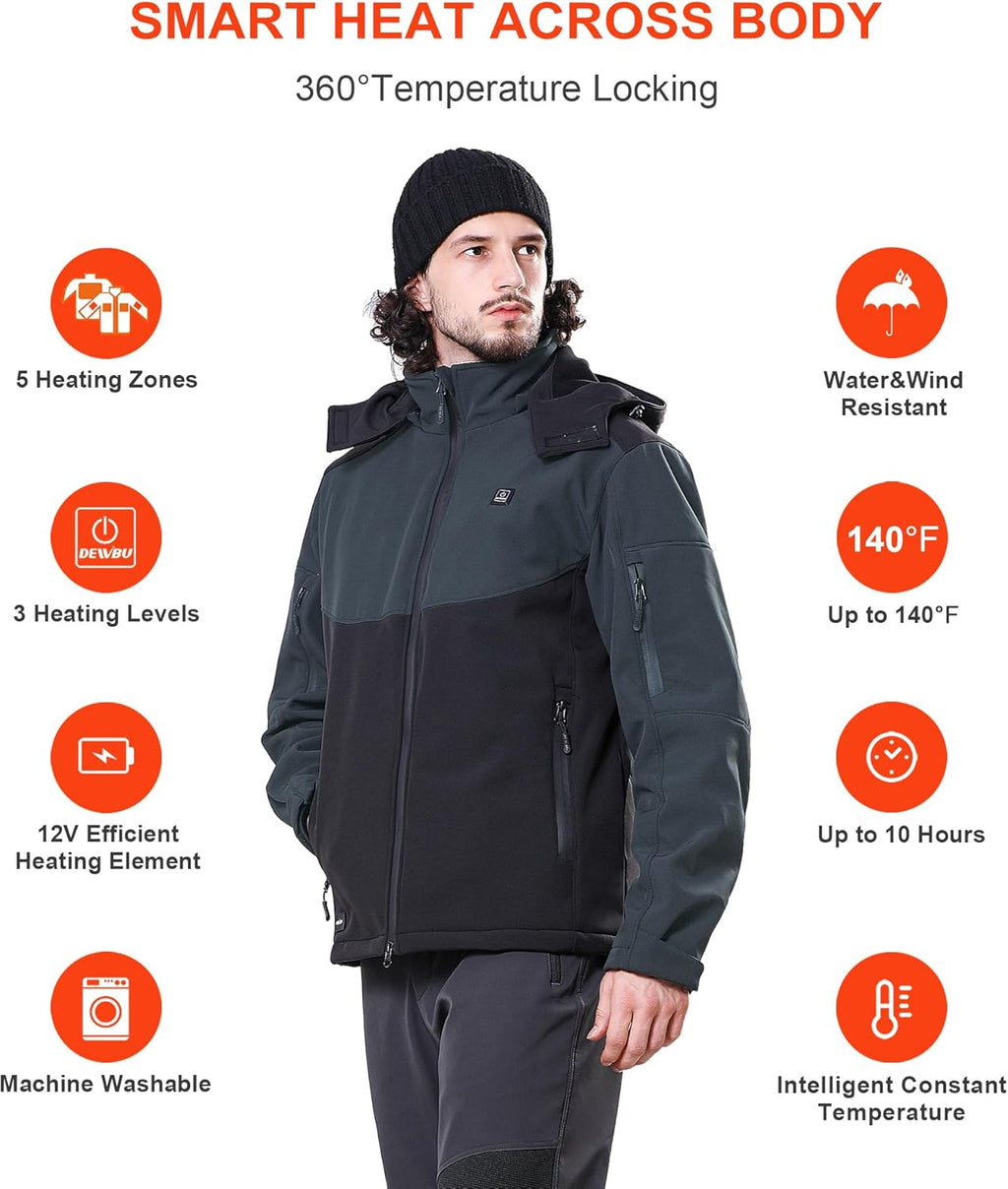 DEWBU Soft Shell Heated Jacket for Men with 12V Battery Pack and Detachable Hood Outdoor Electric Heating Coat