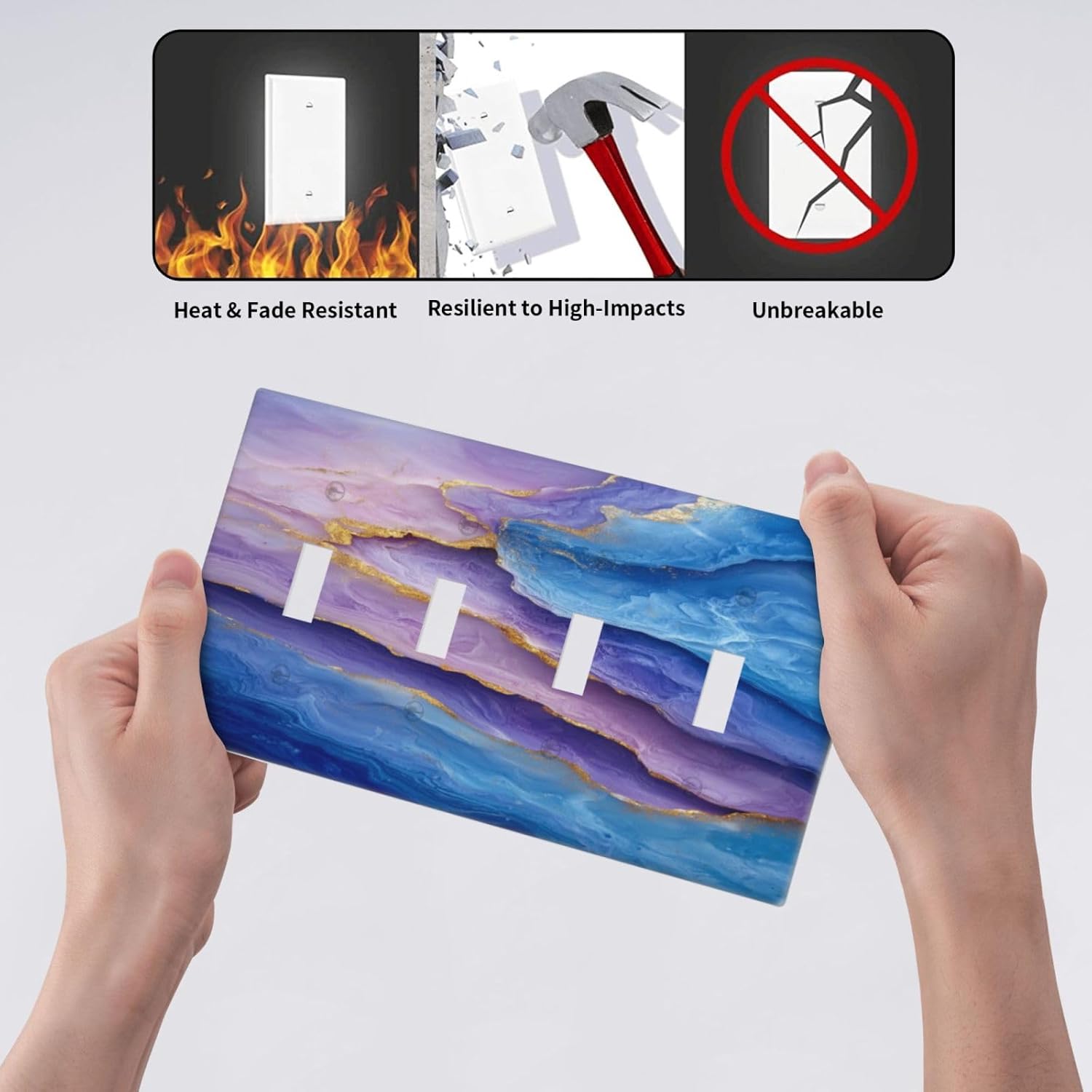 Decorative Light Switch Plate Covers Abstract Blue Purple Gold Marble Texture 4 Gang Light Switch Cover Plate Quad Toggle Wall Plate Outlet Covers Faceplate for Bathroon Kitchen Decor