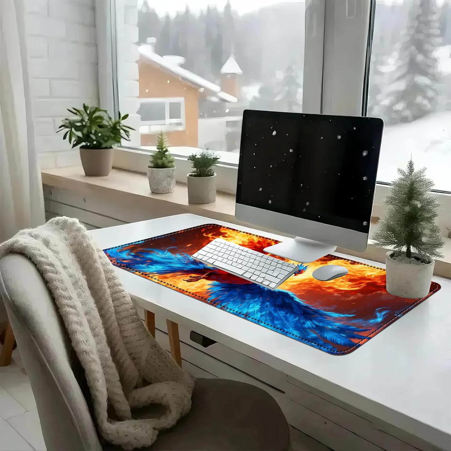 Heated Mouse Pad with 3 Temperature Settings(104°F–122°F),Large 31.5x13 Inch PU Leather Heated Desk Mat,Waterproof Warming Pad for Office,Gaming & Cold Hands Relief,Fiery Phoenix Bird