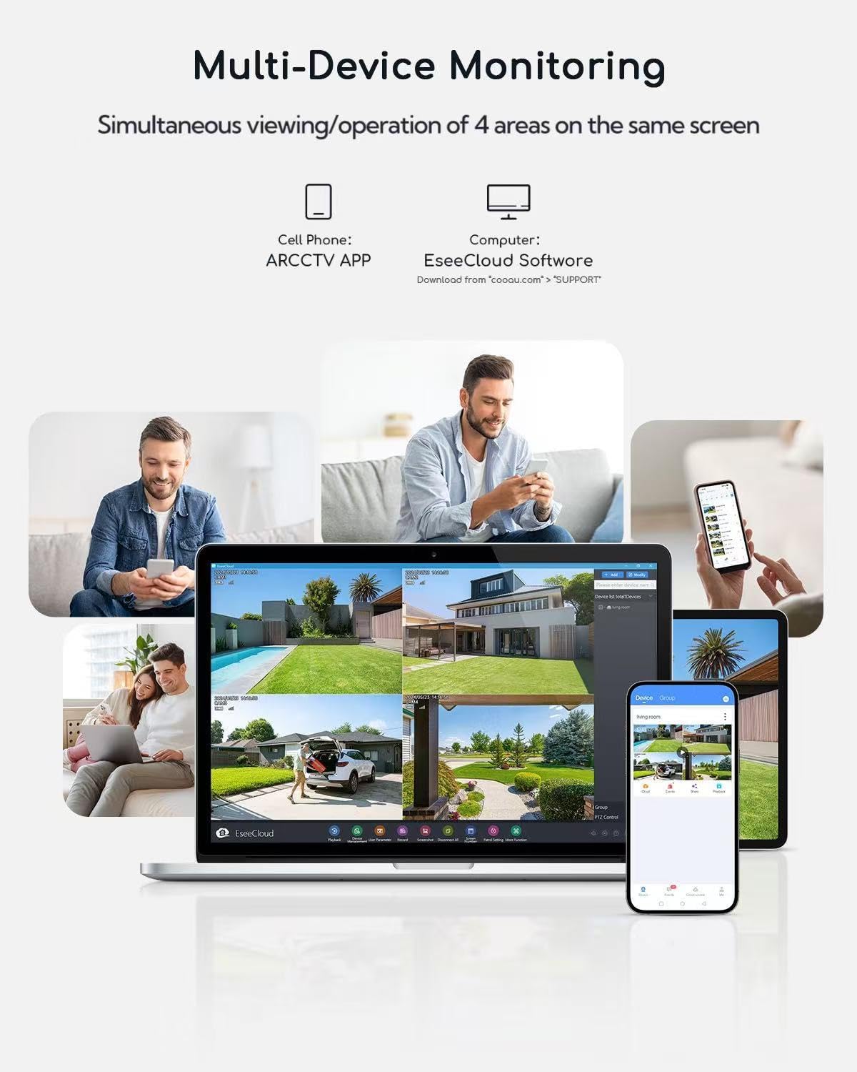 COOAU 4MP Cameras for Home Security, Solar Security Camera Wireless Outdoor System,4 Cam-Kit,360° Pan & Tilt,Color Night Vision,Motion Detection,No Monthly Fee,Siren Alarm,IP66,64GB Memory Card