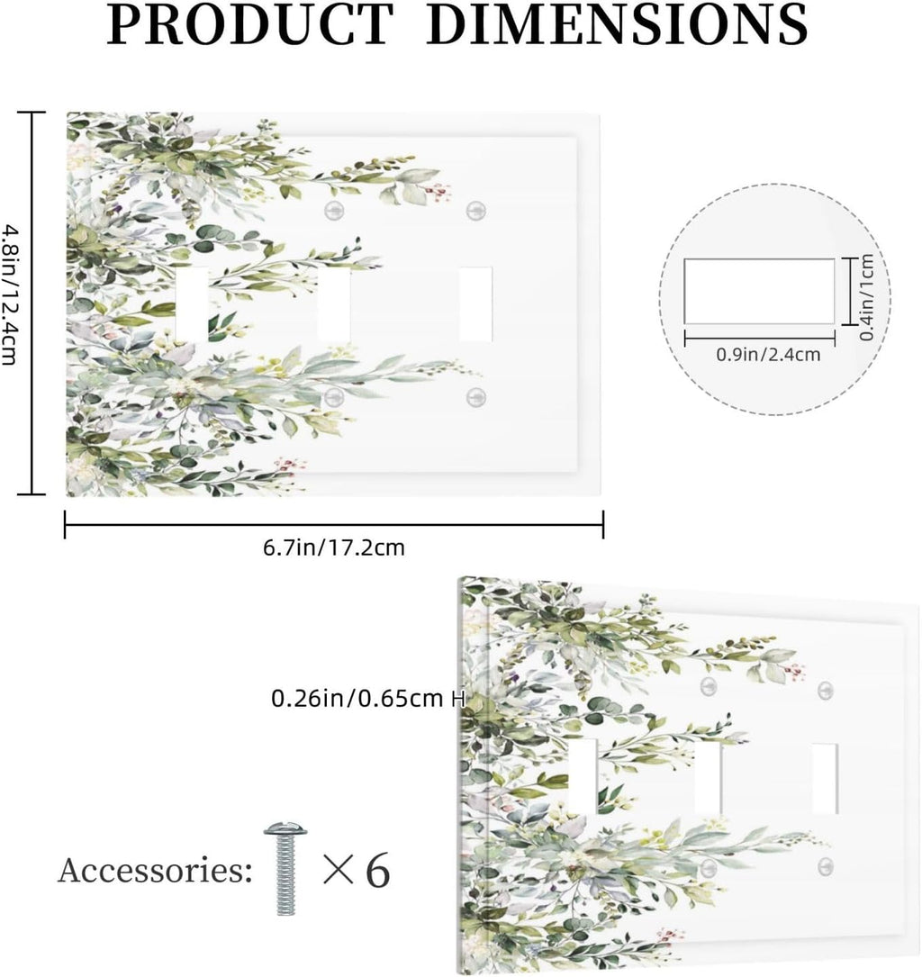Decorative Light Switch Plate Covers Rustic Eucalyptus Leaves Green Leaf 3 Gang Light Switch Cover Triple Toggle Wall Plate Outlet Covers for Bedroom Home Decor