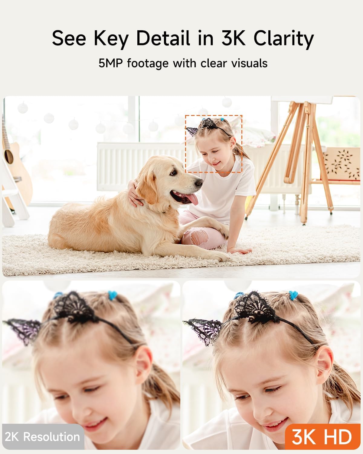 Smart 3K Indoor Dome Security Camera with AI Human/Pet/Facial Detection, 360° Pan-Tilt Coverage, 2-Way Audio, 2.4GHz 5GHz Dual-Band Wi-Fi - Includes 64GB SD Card & No Subscription Needed