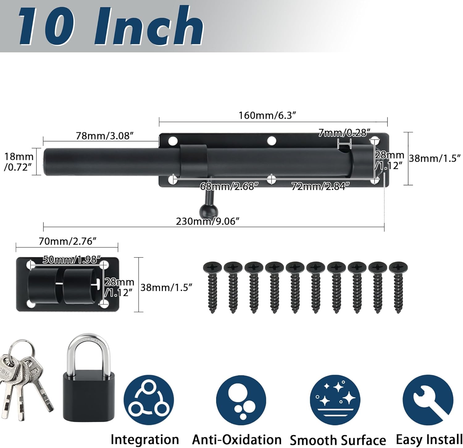Alise 10 inch Barrel Bolt Latch, Slide Bolt Latch, Heavy Duty Solid SUS304 Stainless Steel Slide Lock for Wooden Fence,Barn Door,Interior or Outdoor Door Matte Black MST8100-B