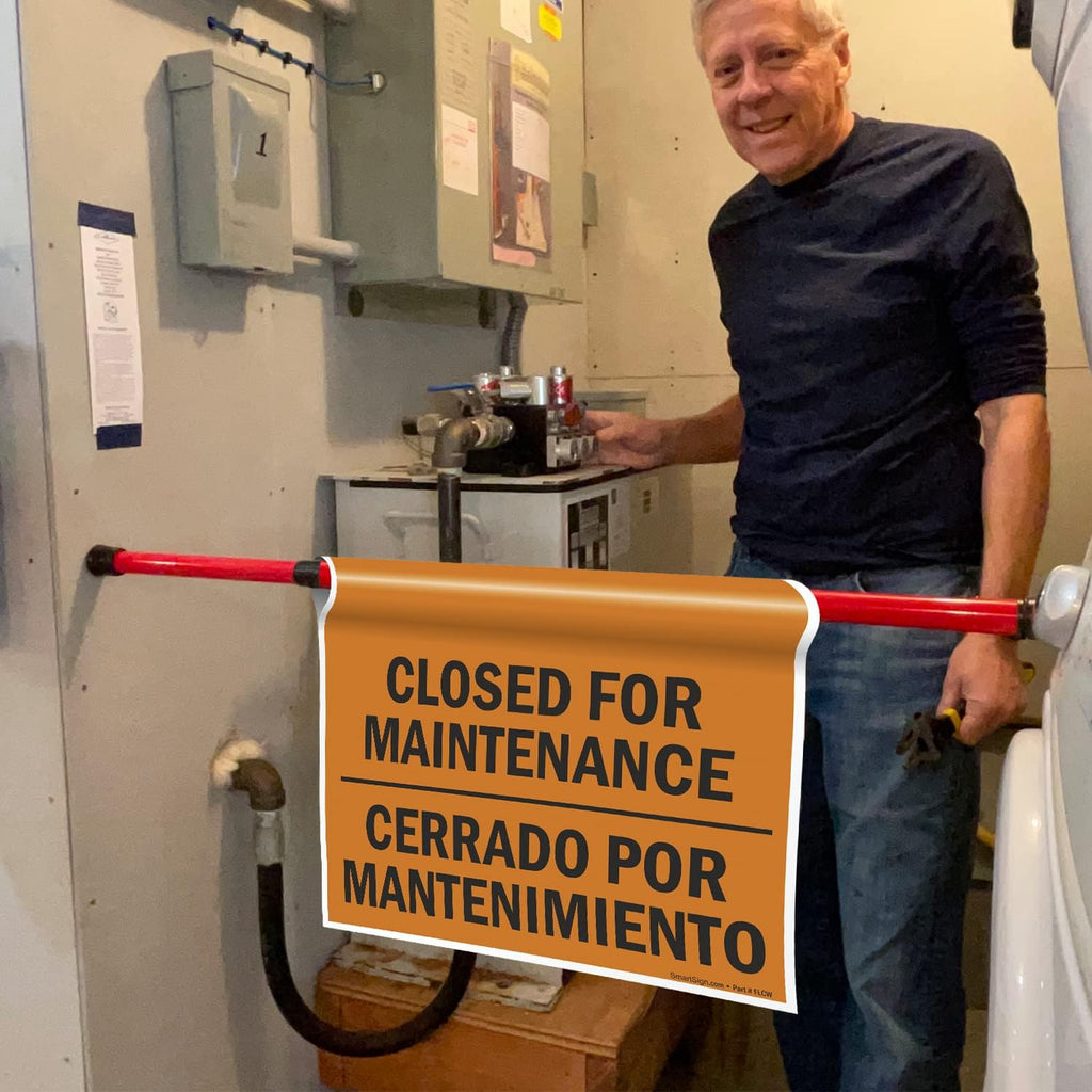 SmartSign "Closed For Maintenance" Bilingual Hanging Doorway Barricade Sign, Spring-loaded Adjustable Twist-To-Tighten Aluminum Pole & 11.25" x 18" Vinyl Sign Kit, Black/Orange, USA-Made