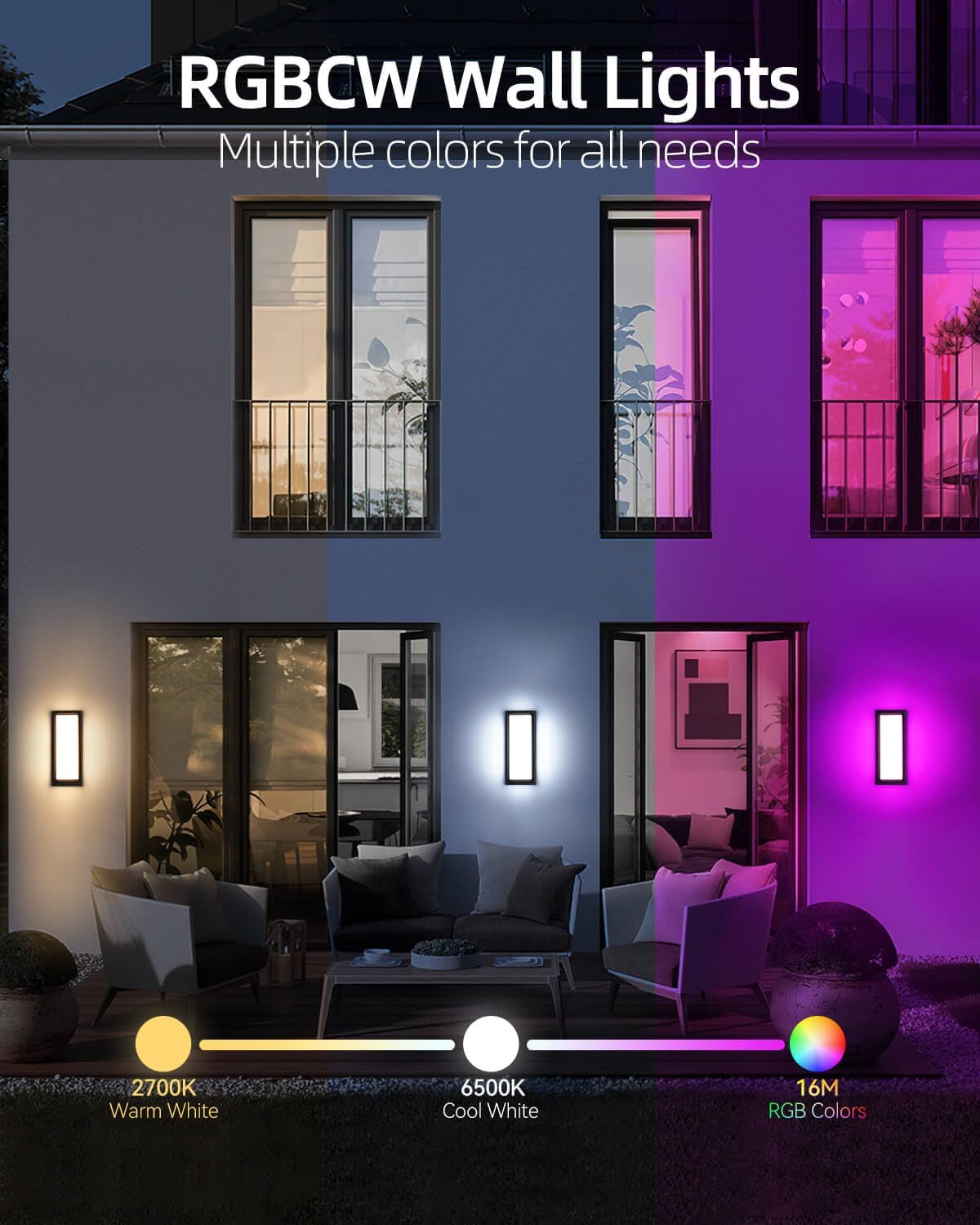 RAYVO Outdoor Wall Lights 2 Pack, 1500LM RGBCW Smart Porch Lights Color Changing Exterior Lighting Fixtures, IP65 Waterproof Outdoor Sconce Lights, Compatible with Alexa Google Assistant, ETL Listed