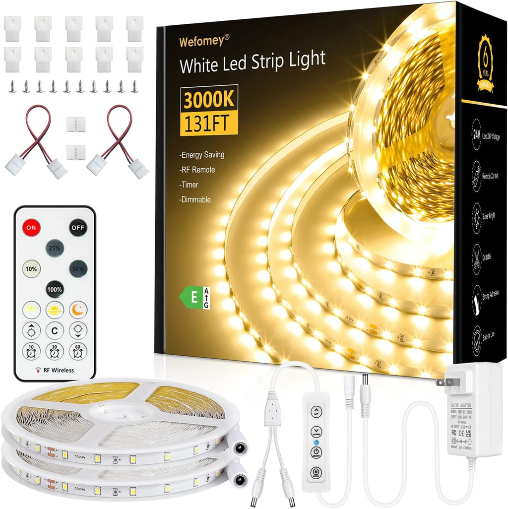 White LED Strip Lights, 131ft Dimmable 24V LED Lights Strip 3000K Bright Warm White, Flexible Tape Lights for Bedrooms, Kitchen, Cabinet, Christmas Decor, 2 Rolls of 65.6ft