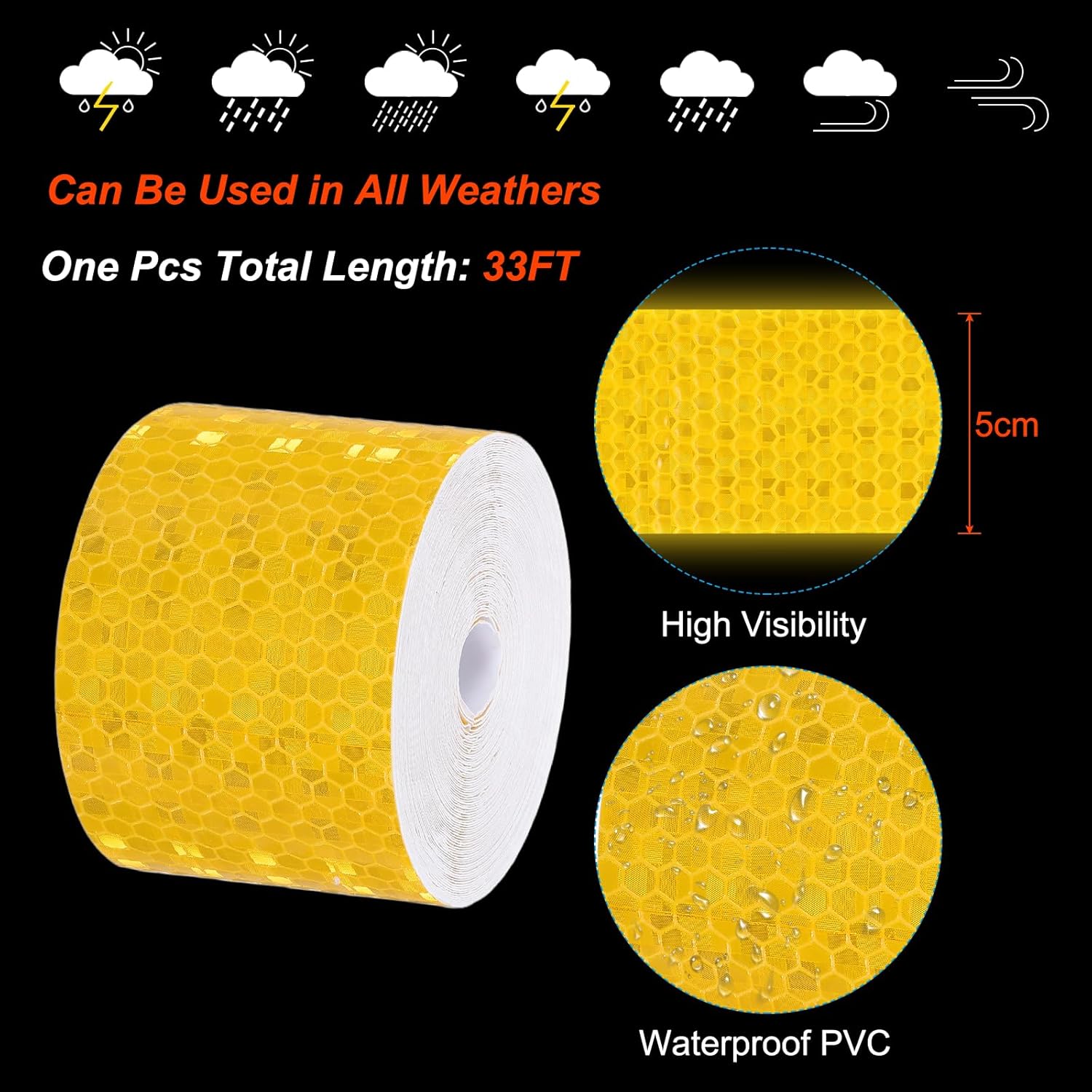 PATIKIL 2 Inch x 33 ft Reflective Tape, 1 Roll Waterproof Self Adhesive High Visibility Caution Warning Safety Tape Reflector with Scraper for Trucks Trailers Cars, Yellow
