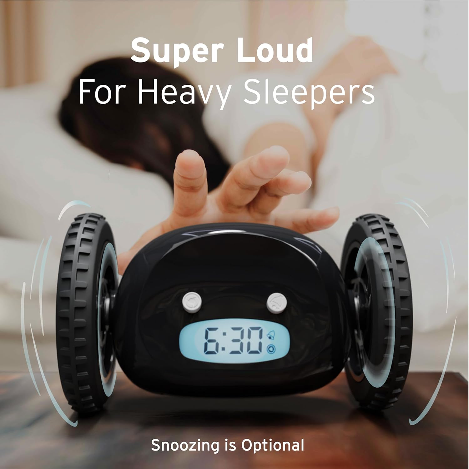 CLOCKY Extra Loud Alarm Clock for Heavy Sleepers on Wheels Rolls Runaway Vibrating Easy To Set Super Smart Snooze Digital Bed Shaker Alarm Clock Funny Gift for Adults Kids Teens Bedroom (Black Wheels)