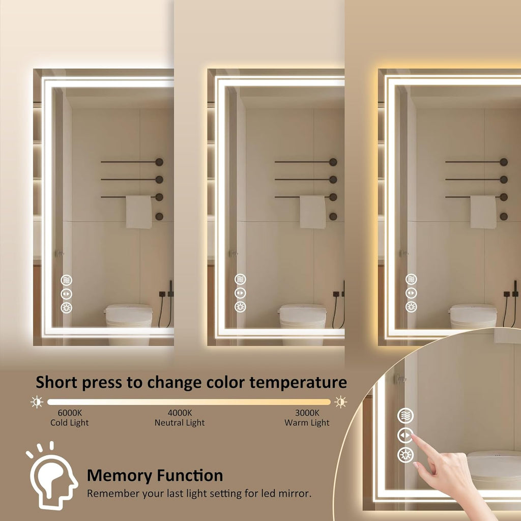 WTTY LED Bathroom Mirror 32x24 Inch, Front Light and Backlit LED Mirror for Bathroom, Lighted Vanity Mirror for Wall, Stepless Dimmable, Anti-Fog, Shatter-Proof, Memory, Double LED Vanity Mirror