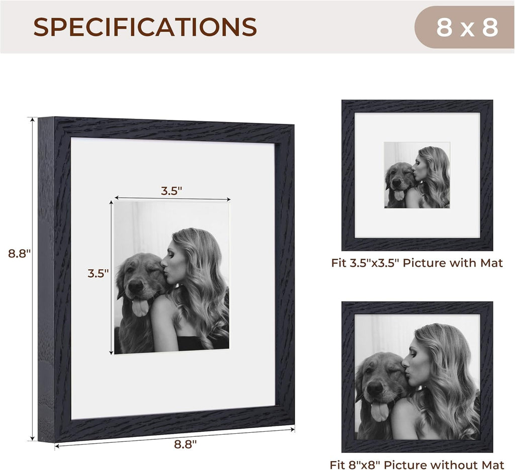 Rustic Oak 8x8 Picture Frame, Solid Oak Wood, 8"x8" Square Photo Frame with Tempered Glass, Matted to 4"x4", Black, Set of 2