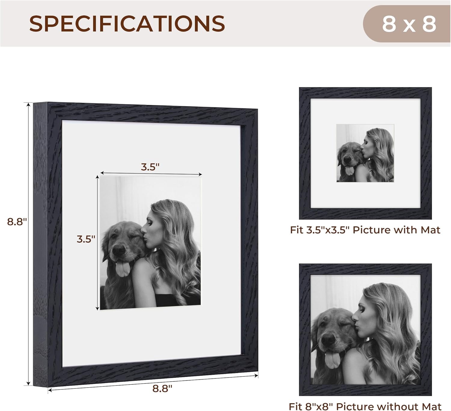 Rustic Oak 8x8 Picture Frame, Solid Oak Wood, 8"x8" Square Photo Frame with Tempered Glass, Matted to 4"x4", Black, Set of 2
