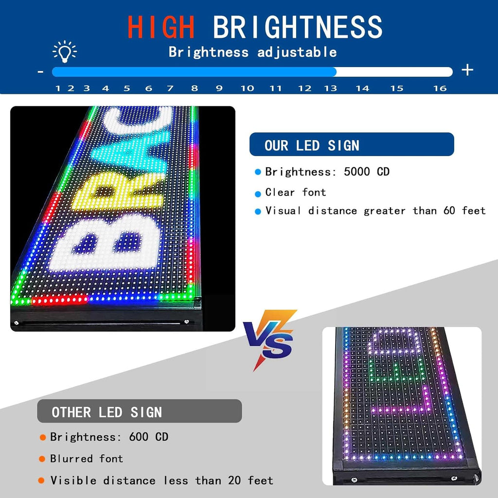 HS ProgrammableLed Sign , Outdoor Digital Scrolling Open Neon Signs, Electronic Message Display Screen Banner Board Large Waterproof for Business Store Advertising Window Public , Full Color High Brightness P10 77’’x14’’, WIFI control Custom Text