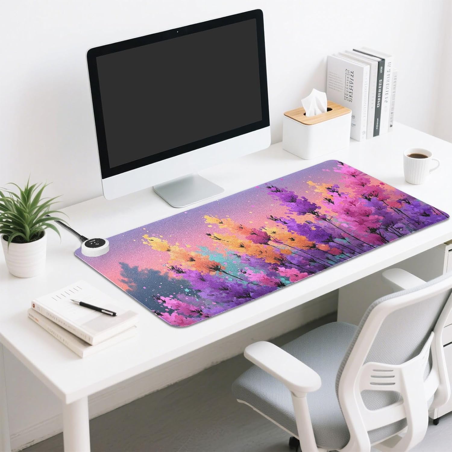 Large Heated Mouse Pad,Leather Desk Mat,31.5"x13",Hand Warmer Pads for Desk,Lavender(Watercolor)