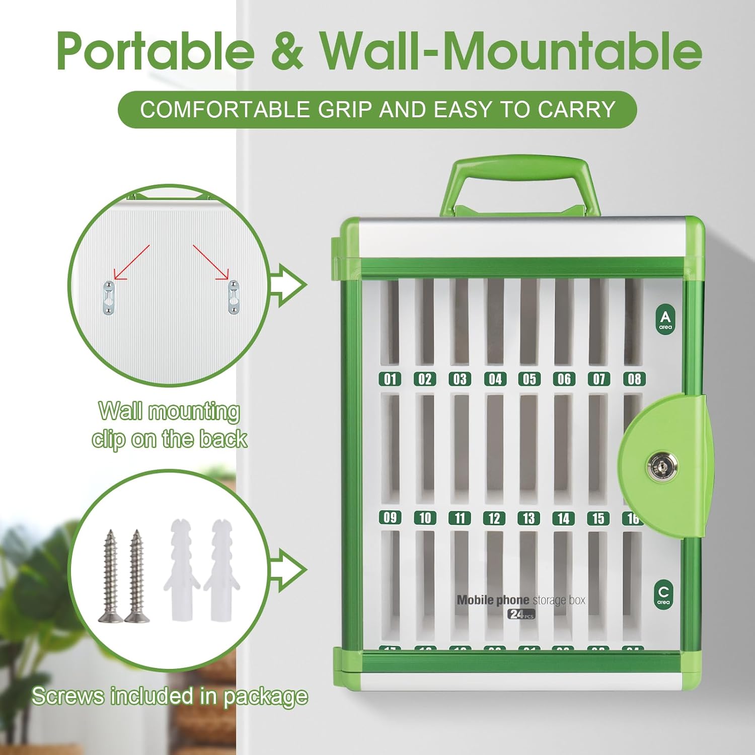 Glosen 36 Slots Cell Phone Locker, Portable Phone Storage Cabinet [Wall Mounted] [Aluminum Alloy] Cellphone Lock Box with Key & Handle for School Classroom Office Exam (Green)