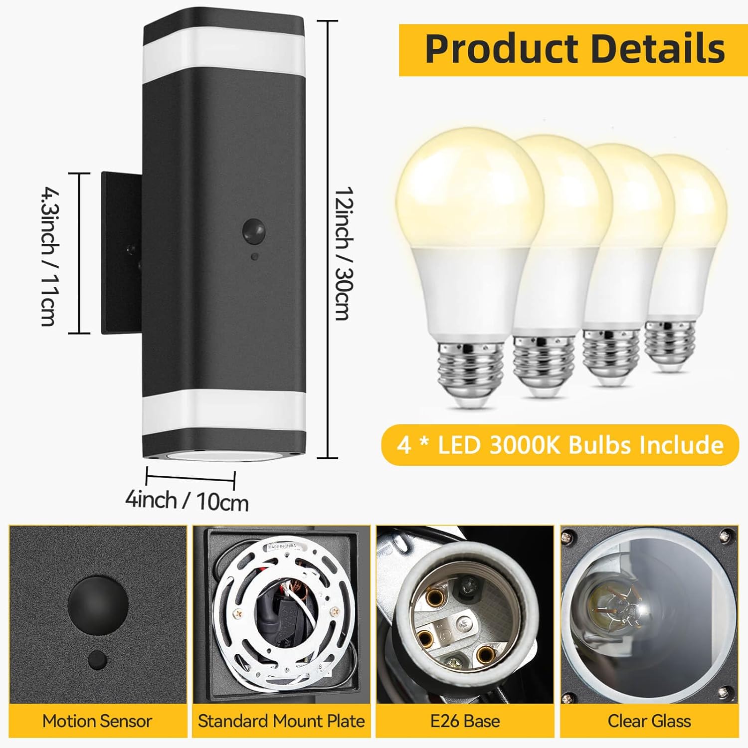 SHIMR Motion Sensor Outdoor Wall Lights 2 Pack, Modern Dusk to Dawn Up Down Sconce with 3 Modes, WaterprExterior Lighting Fixtures for Porch Garage Patio, 3000K LED Bulb Included, Black Finish