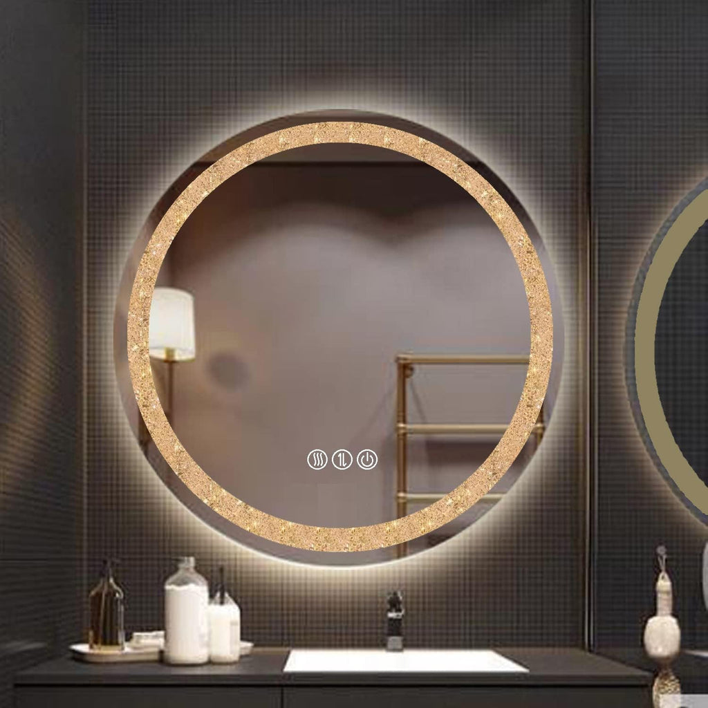 LED Round Crystal Bathroom Mirror - 24 Inch Circle Vanity Mirror with 3 Color Lights
