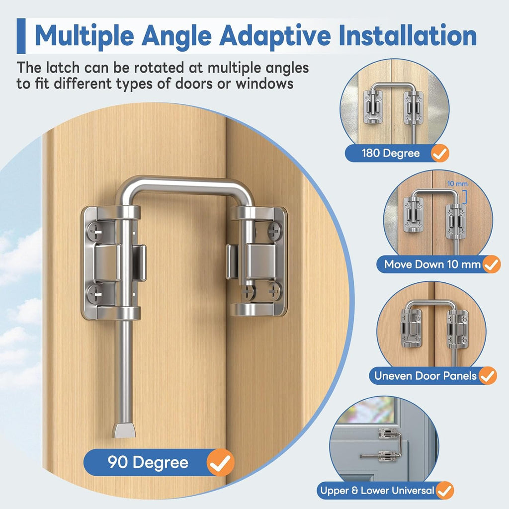 Sliding Door Loop Lock, 90/180 Degree Stainless Steel Patio Door Latch for Sliding Barn/Single/Double Opening Gate, Shed, Closet, Window, Fence - Home Security Loop Latch (Silver-1PC)