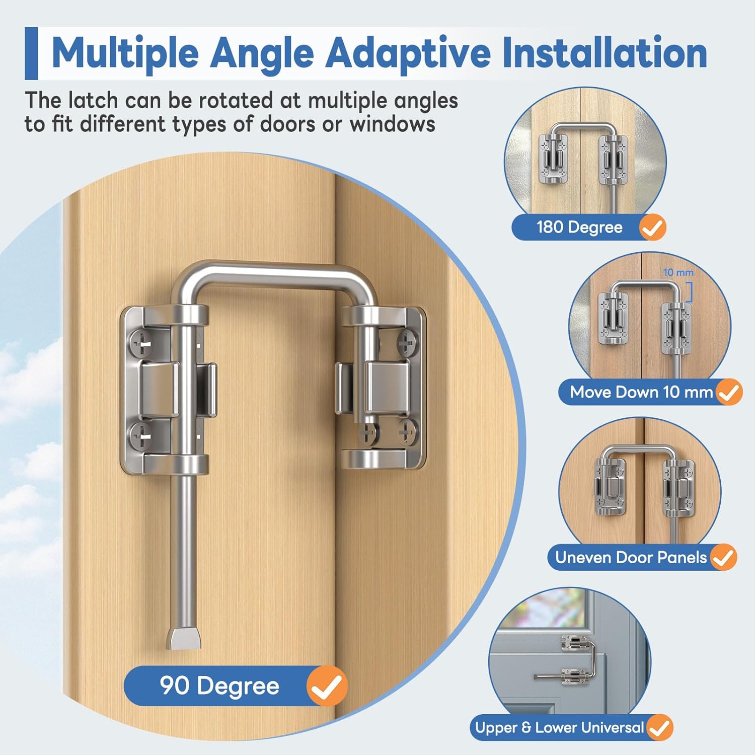 Sliding Door Loop Lock, 90/180 Degree Stainless Steel Patio Door Latch for Sliding Barn/Single/Double Opening Gate, Shed, Closet, Window, Fence - Home Security Loop Latch (Silver-1PC)