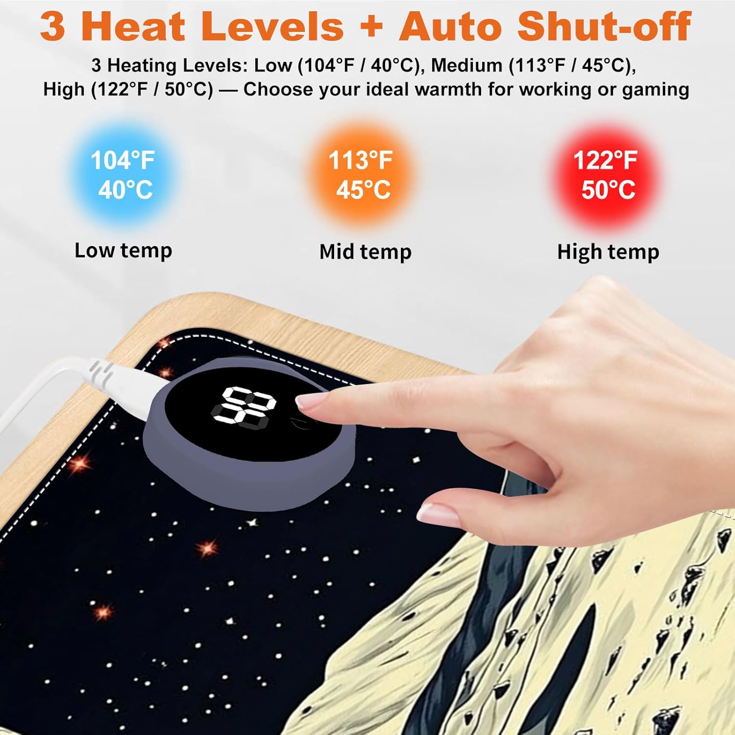 Heated Mouse Pad for Desk 31.5" x 13" – PU Leather Warm Desk Pad with 3 Heat Levels (104°F/113°F/122°F), Plug-in Electric Heating Mat with Auto Shut-Off, Waterproof & Rollable, Astronaut on Moon
