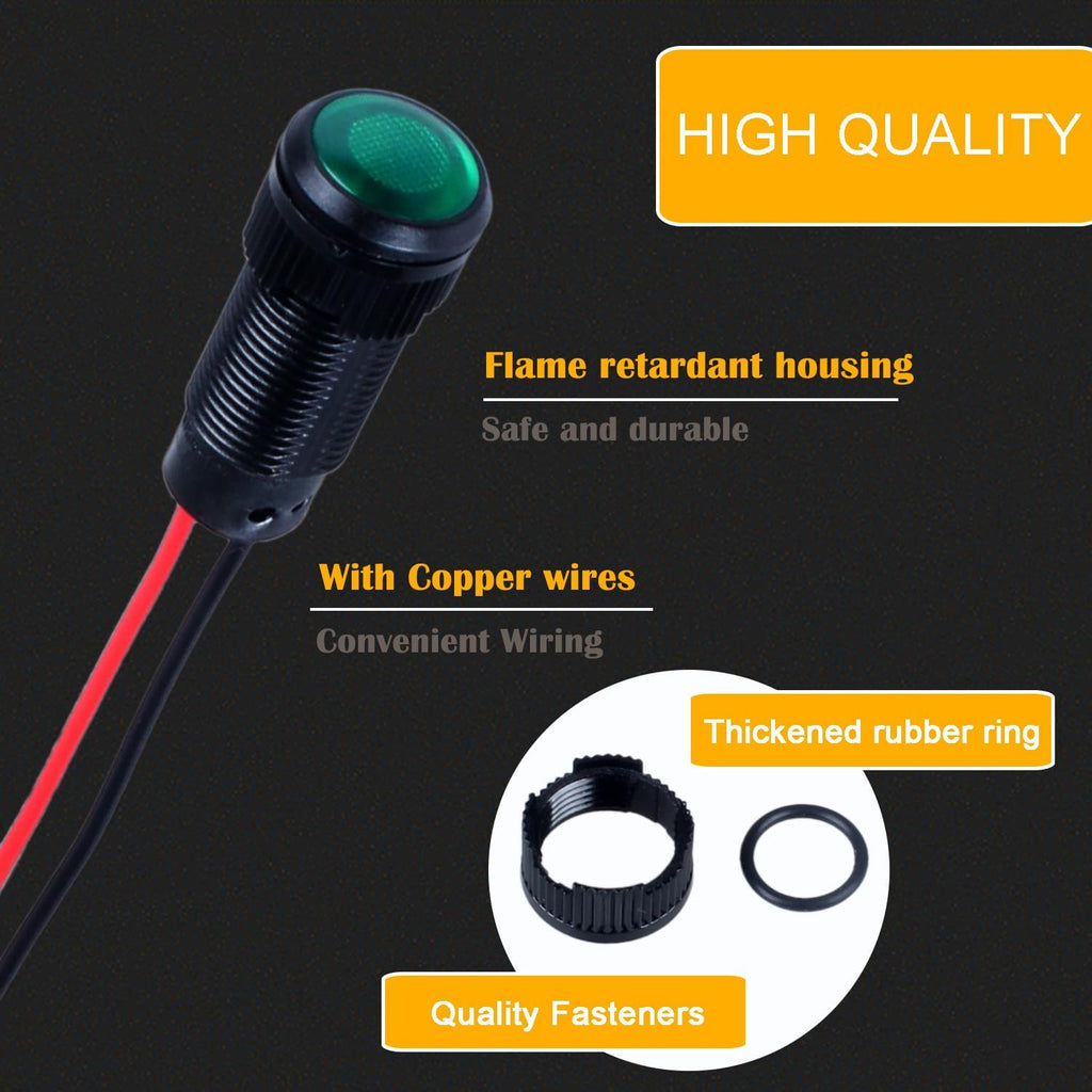 5pcs 10mm LED Indicator Light Plastic Black Signal Dot Lamp 12V-24V 2/5" Mounting Hole Size with 15cm/5.9in. Wire (Green LED)