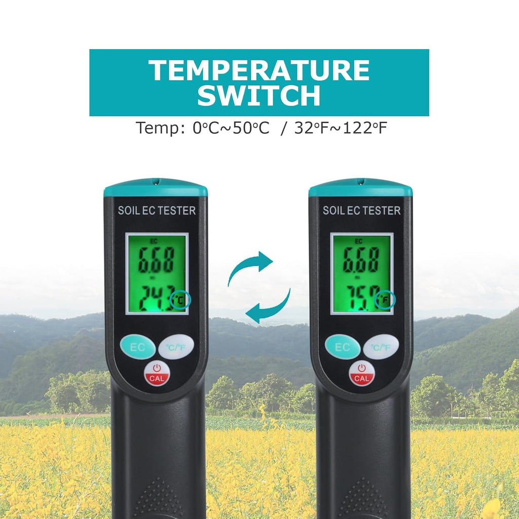 Digital Soil EC Meter 2-in-1 Porfessional Plants EC Temperature Tester Meter with Corded Sensor, Backlight LCD Display, Temperature Compensation, Easy Calibration for Soil Plants Lawn Nutrient Test