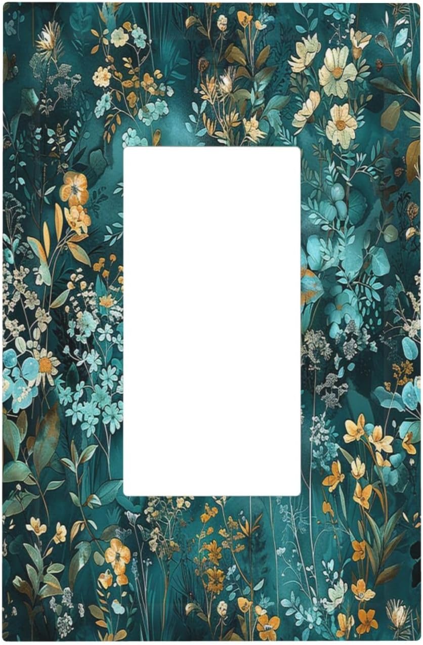 Decorative Outlet Covers Green Leaf Floral Boho Golden Flower Plant 1 Gang Single Rocker Light Switch Cover Plate Wall Plates Gfci Faceplate For Bed Room Cabin Decor