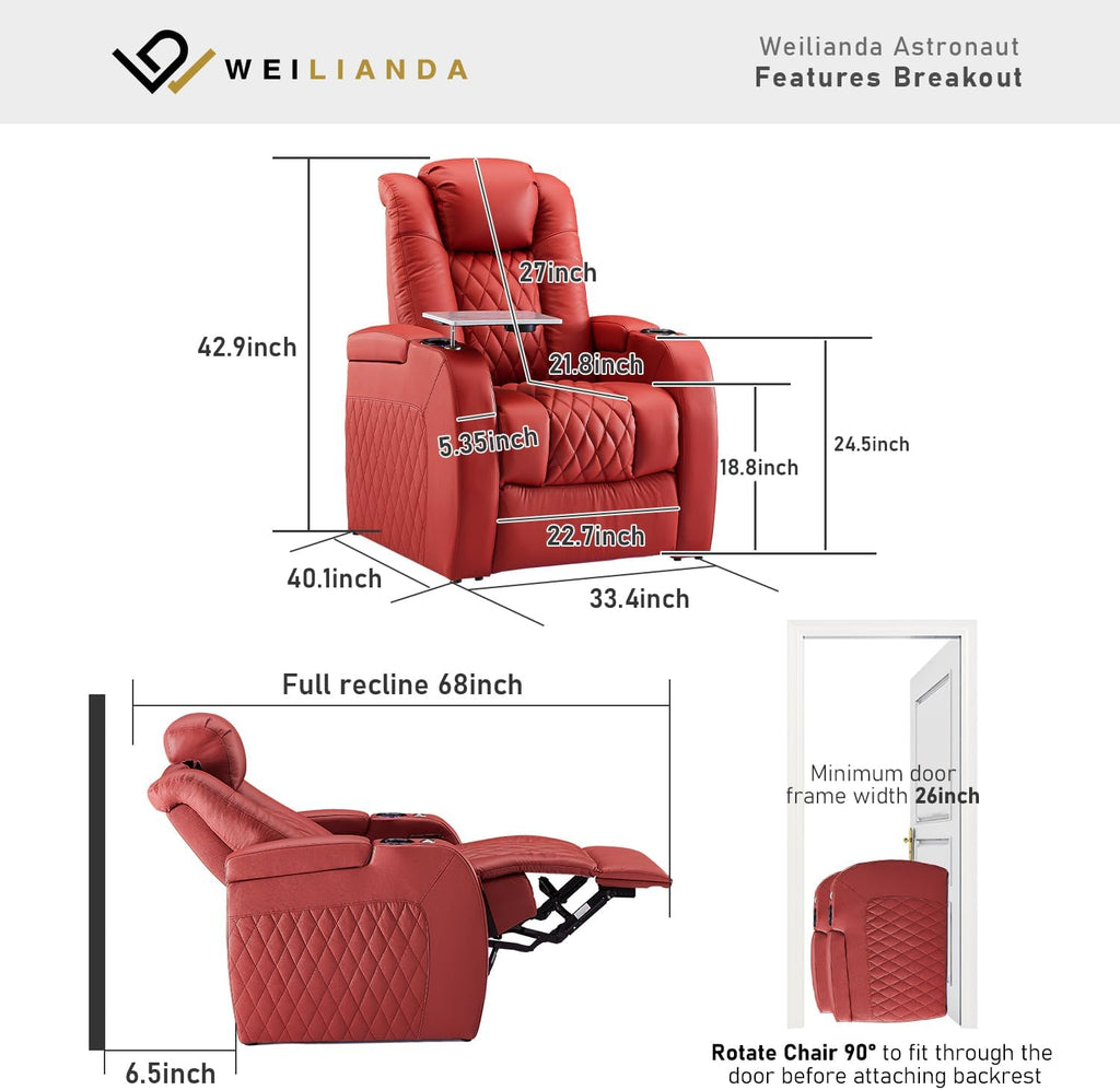 Weilianda Home Theater Seating Top Grain Leather Zero Gravity Recliner Chair Power Headrest Recline Movie Seat Gaming 7 Colors Mood Light Sofa with Tray Table USB Charge Row of 1 Red