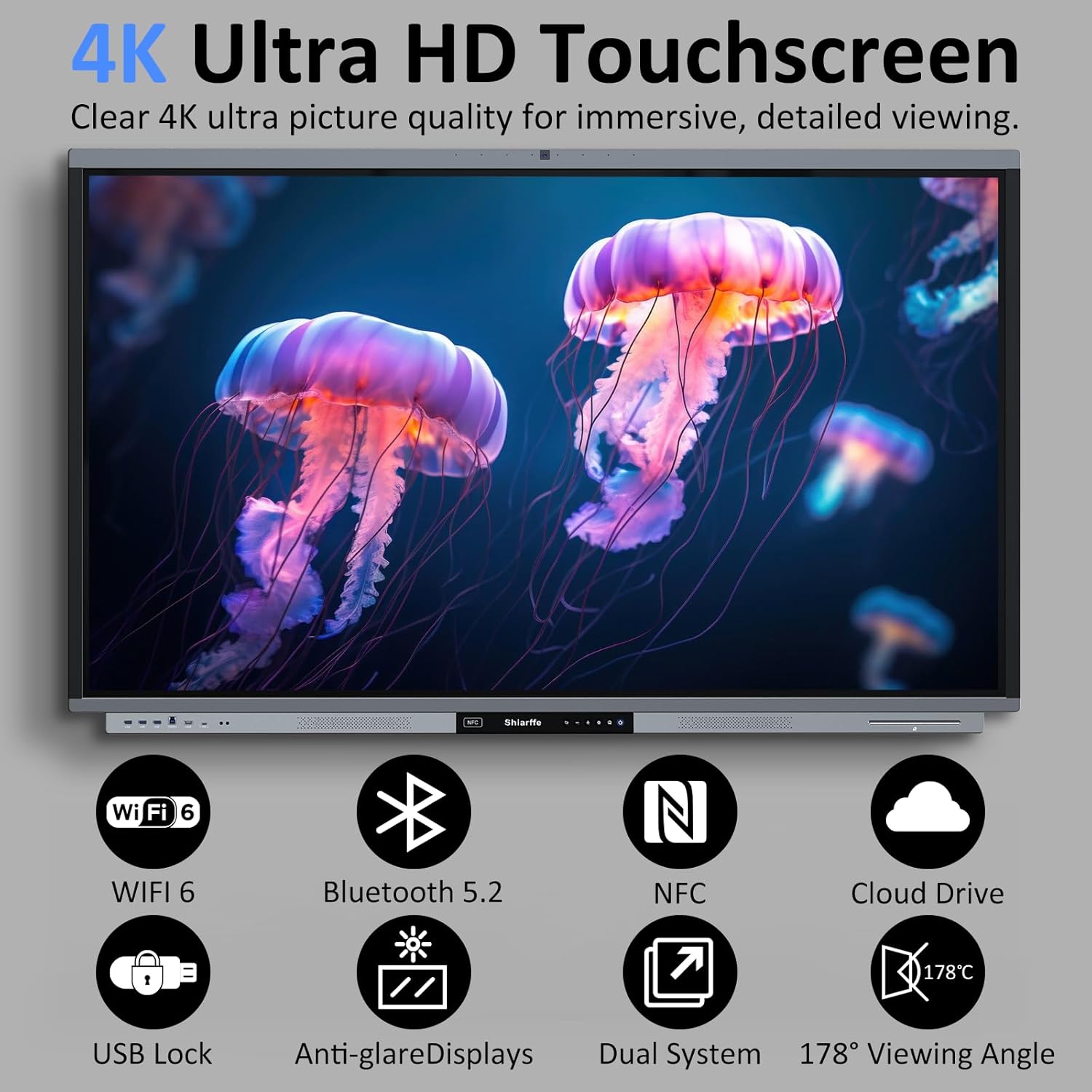 Shiarffe R9 Smart Board with Stand 4K Interactive Whiteboard EDLA-Certified All-in-One Touchscreen Digital Display Built-in 50MP AI Camera Mics and 60W Speaker for Classrom Hybrid Work
