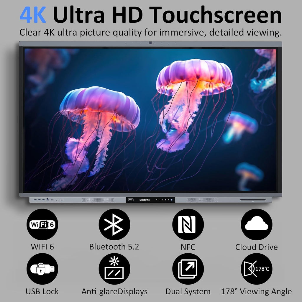 Shiarffe R9 Smart Board with Stand 4K Interactive Whiteboard EDLA-Certified All-in-One Touchscreen Digital Display Built-in 50MP AI Camera Mics and 60W Speaker for Classrom Hybrid Work