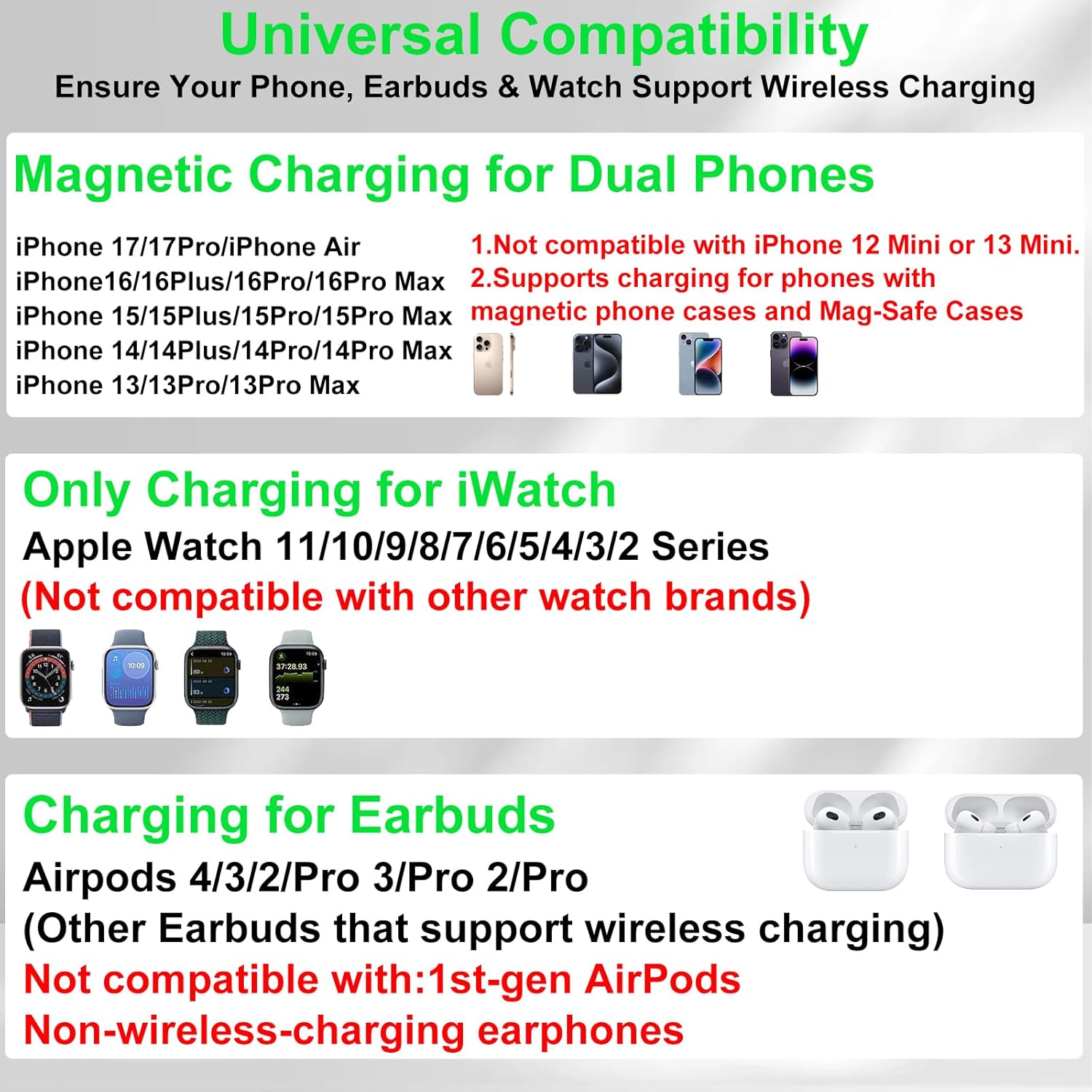 Dual Phone Wireless Charging Station for Apple Devices, Magnetic Charging Station for iPhone with Auto Switch 7-Color Light&Clock,Family Watch Charger for iPhone17 for iWatch11 for AirPods Pro3(Purple