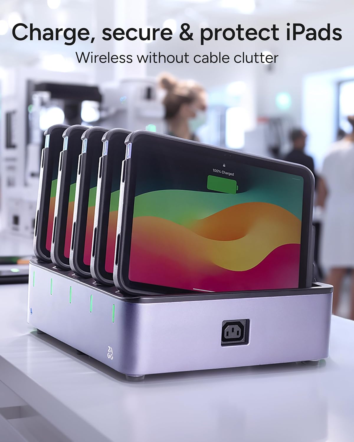 ZAGG ChargeStation Pro for iPad (10th Gen)/ iPad (A16) - Lockable Wireless Charging Station with 5 Rugged Cases – Charges 5 iPads – for Schools, Hospitals, Business & Enterprise