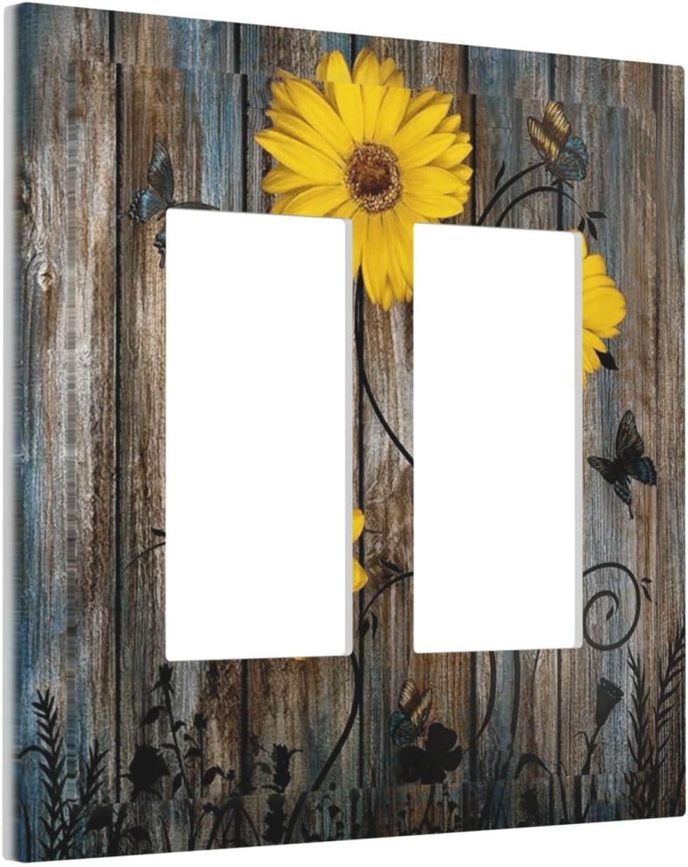 Rustic Barn Sunflower Wooden Daisy Flower Plank Decorative Outlet Covers 2 Gang Double GFCI Rocker Electrical Wall Panels Light Switch Cover Plate for Farmhouse Home Decor