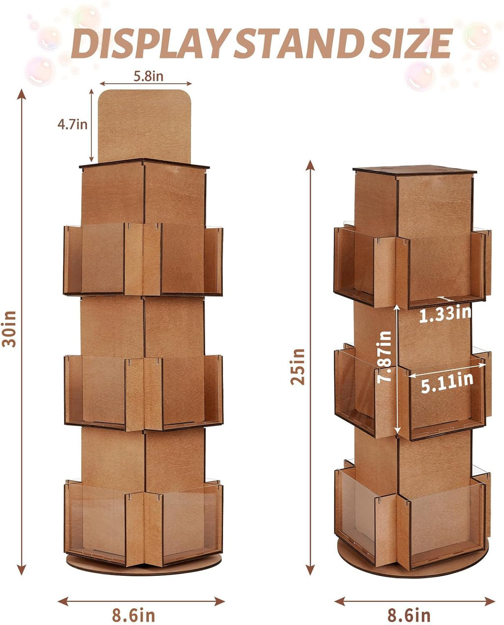 Natheeph Rotating Display Stand Greeting Card Display Wooden Display Rack with Two Card Sticker for Greeting Card Vendor Coffee Bag 3 Tier Tabletop Display Stand (Brown)