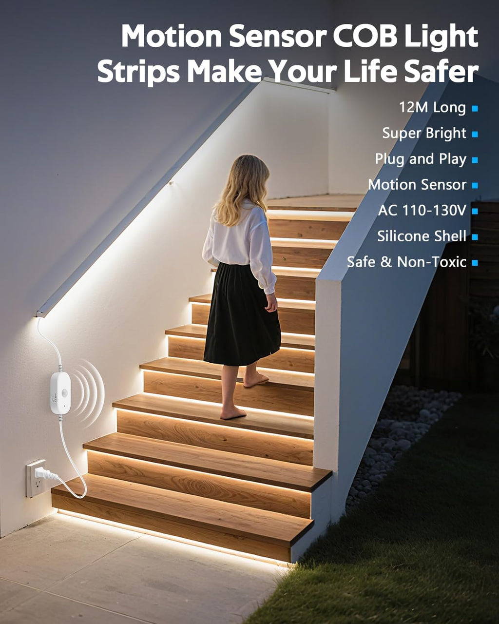 Motion Sensor COB LED Strip Light AC 110V 40FT Cold White 6000K Plug In Waterproof IP68 Adjustable Time-Delay Motion Activated Flexible Led Lights Strip for Under Cabinet Bedroom Courtyard 288LEDs/M