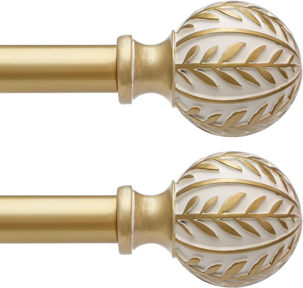 2 Pack Gold Curtain Rods for Windows 28 to 48 inch,1" Adjustable Heavy Duty Window Curtain Rod with Leaf Finials,Rustic Decorative Drapery Rods Set,Size:18-60''