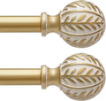 2 Pack Gold Curtain Rods for Windows 28 to 48 inch,1" Adjustable Heavy Duty Window Curtain Rod with Leaf Finials,Rustic Decorative Drapery Rods Set,Size:18-60''