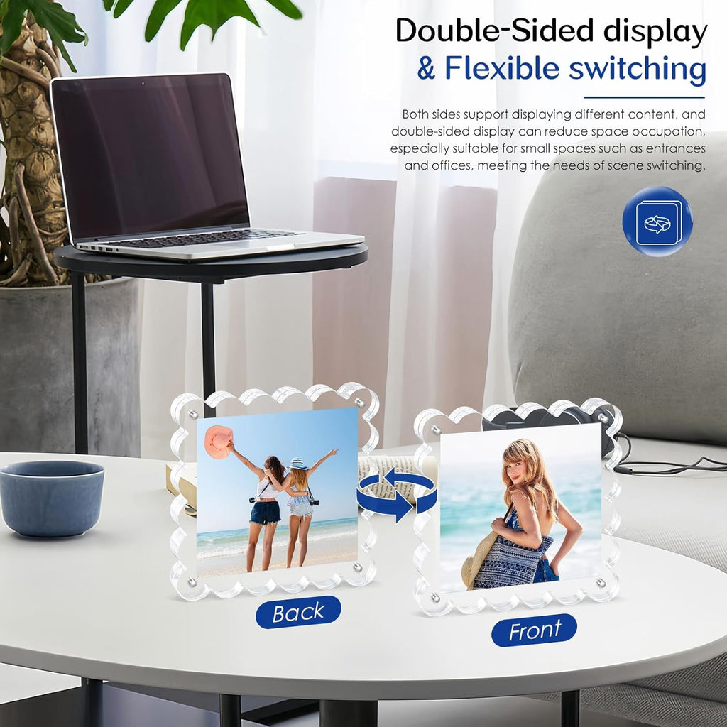 3Pack Clear Magnetic Picture Frames 5×5 Inch - Scalloped Picture Frame with 10+10mm Thick Block, Double-Sided Clear Display | Trendy Home Decor & Modern Gift Idea (3Pack, 5×5)