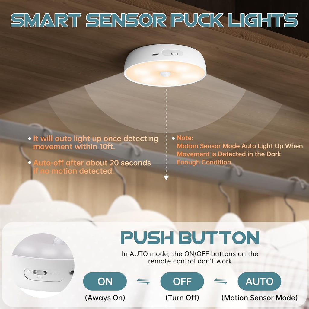 Motion Sensor Puck Step Lights with Charging Station, 3 Colors USB Rechargeable LED Closet Light, Dimmable Under Cabinet Lighting, Stick-on Lights (4 Pack)