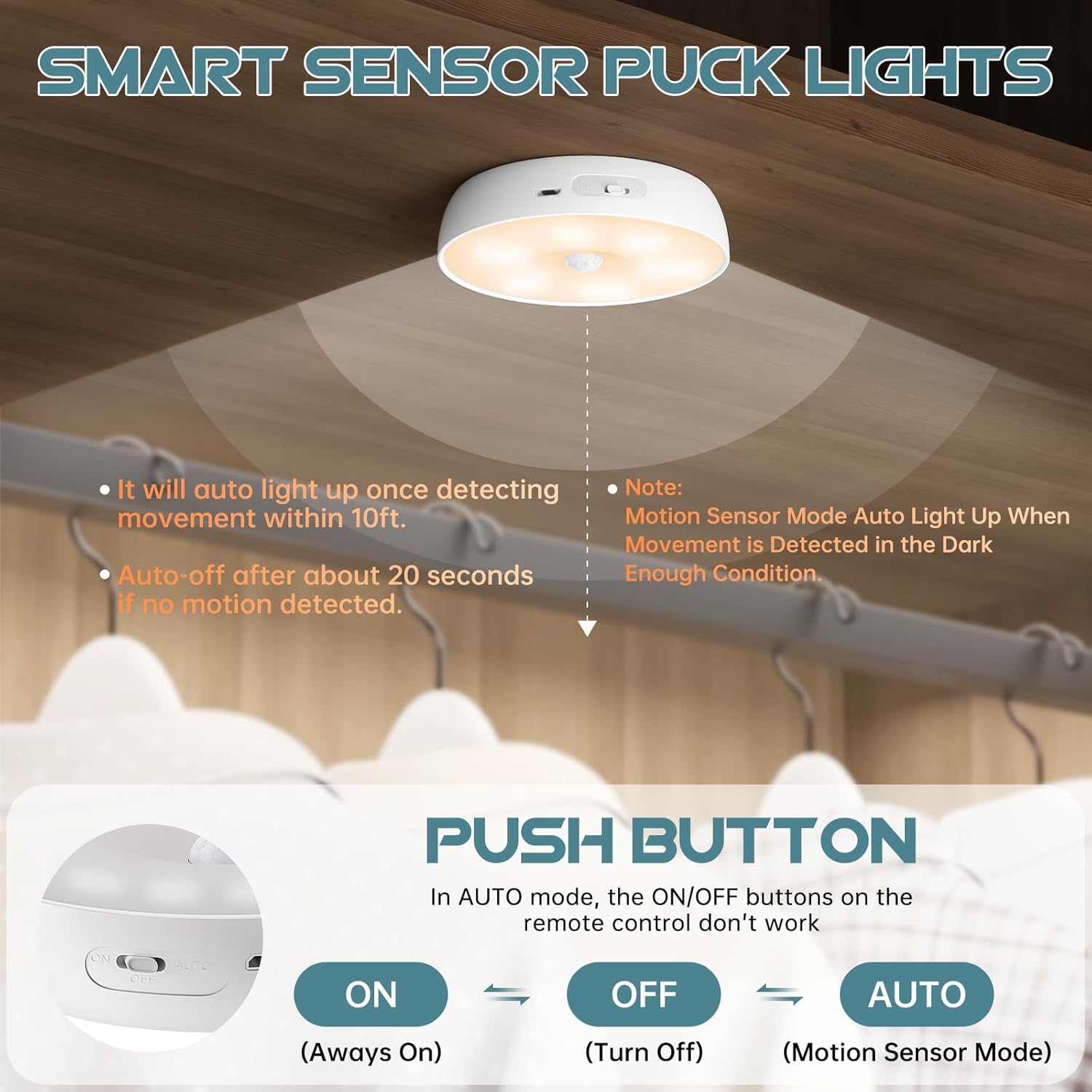 Motion Sensor Puck Step Lights with Charging Station, 3 Colors USB Rechargeable LED Closet Light, Dimmable Under Cabinet Lighting, Stick-on Lights (4 Pack)