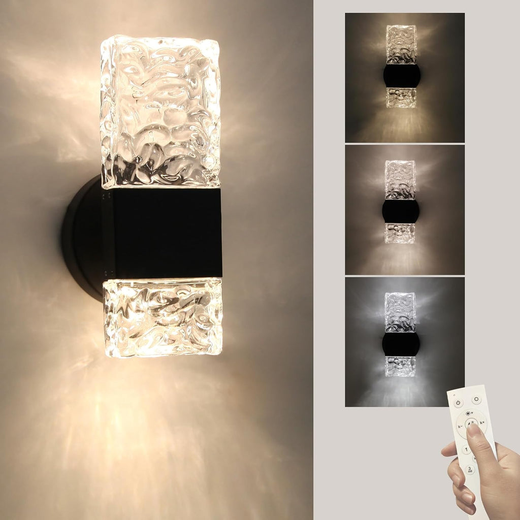 HuisMier Black Crystal Wall Sconces, Modern 3000K-6000K Dimmable LED Wall Light Fixtures with Remote, K9 Crystal Vanity Wall Lighting for Bathroom Bedroom Living Room Stairway Hallway, Hardwired
