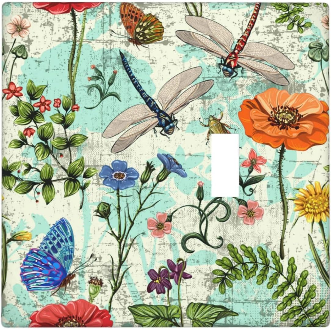 Dragonflies Flowers Butterfly 2 Gang 1 Toggle 1 Blank Outlet Light Switch Cover Decorative Wall Plate Cover For Home Living Bedroom Kitchen Decorative