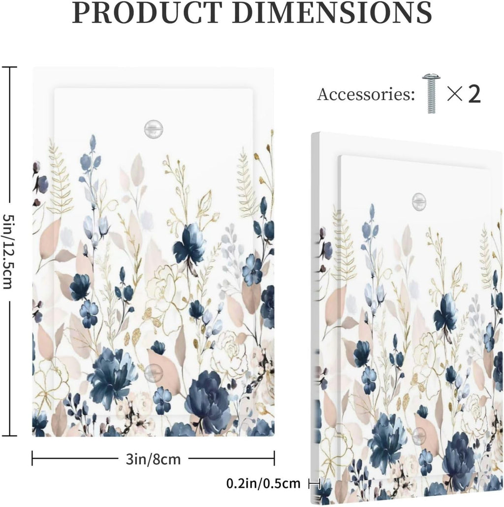 Blue Flora Boho Vintage Flower Golden Leaves Light Switch Cover Plate 1 Gang No Device Blank Electrical Wall Plates Faceplate Decorative Switch Plate Covers for Bedroom Living Room Decor