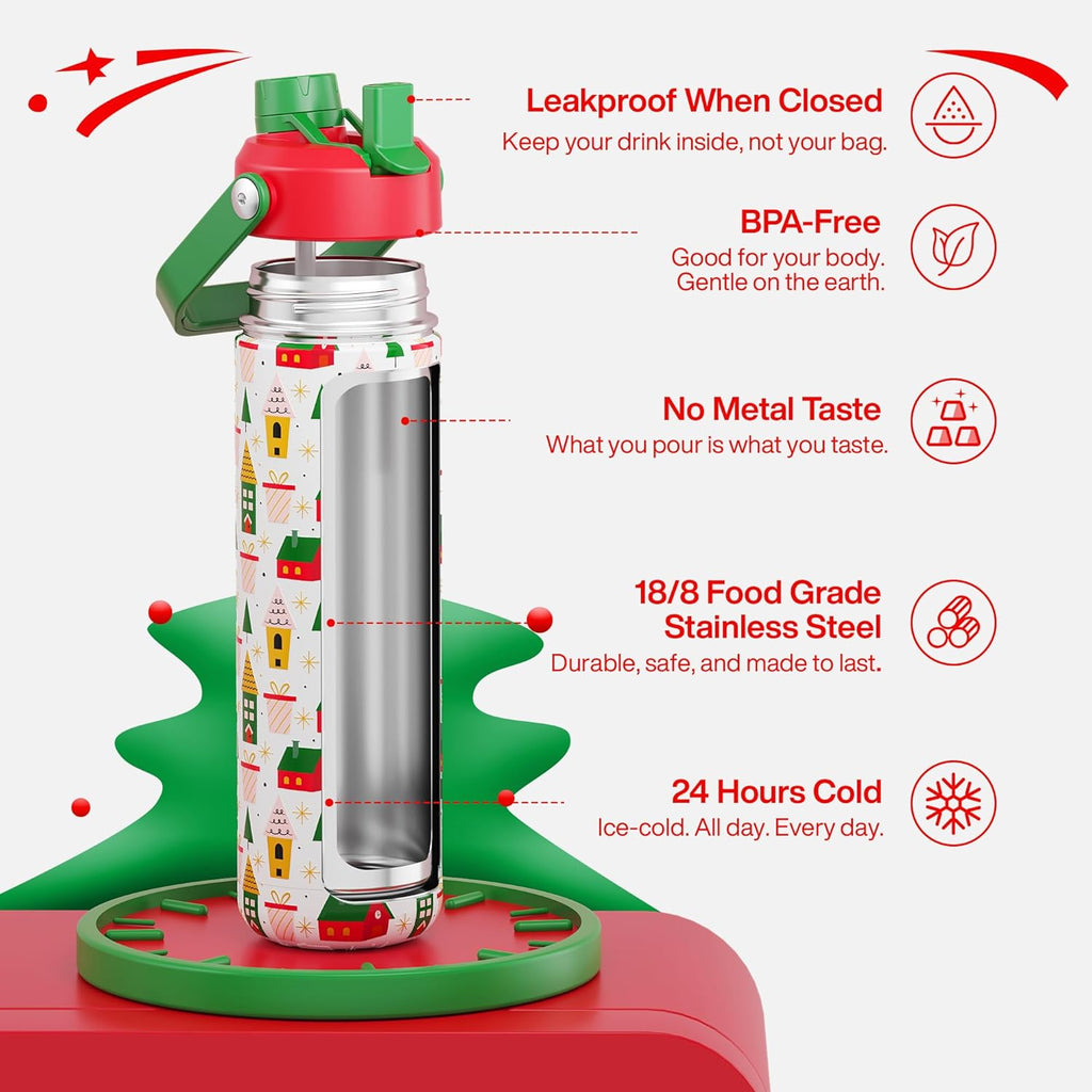 ENCOOL Christmas Insulated Water Bottle with Straw, Stainless Steel Water Bottle, Leak Proof BPA-Free, Keeps Cold for 24 Hours for Sports, Christmas Holiday Gifts for Women, 26 oz, Holiday Home