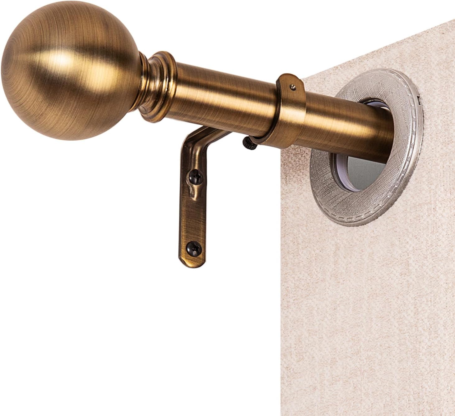 Brass Curtain Rods for Windows 18 to 145 inches, 1 Inch Modern Metal Drapery Rods, Adjustable Heavy Duty Curtain Pole with Round Finials(18"-145"Antique Brass)
