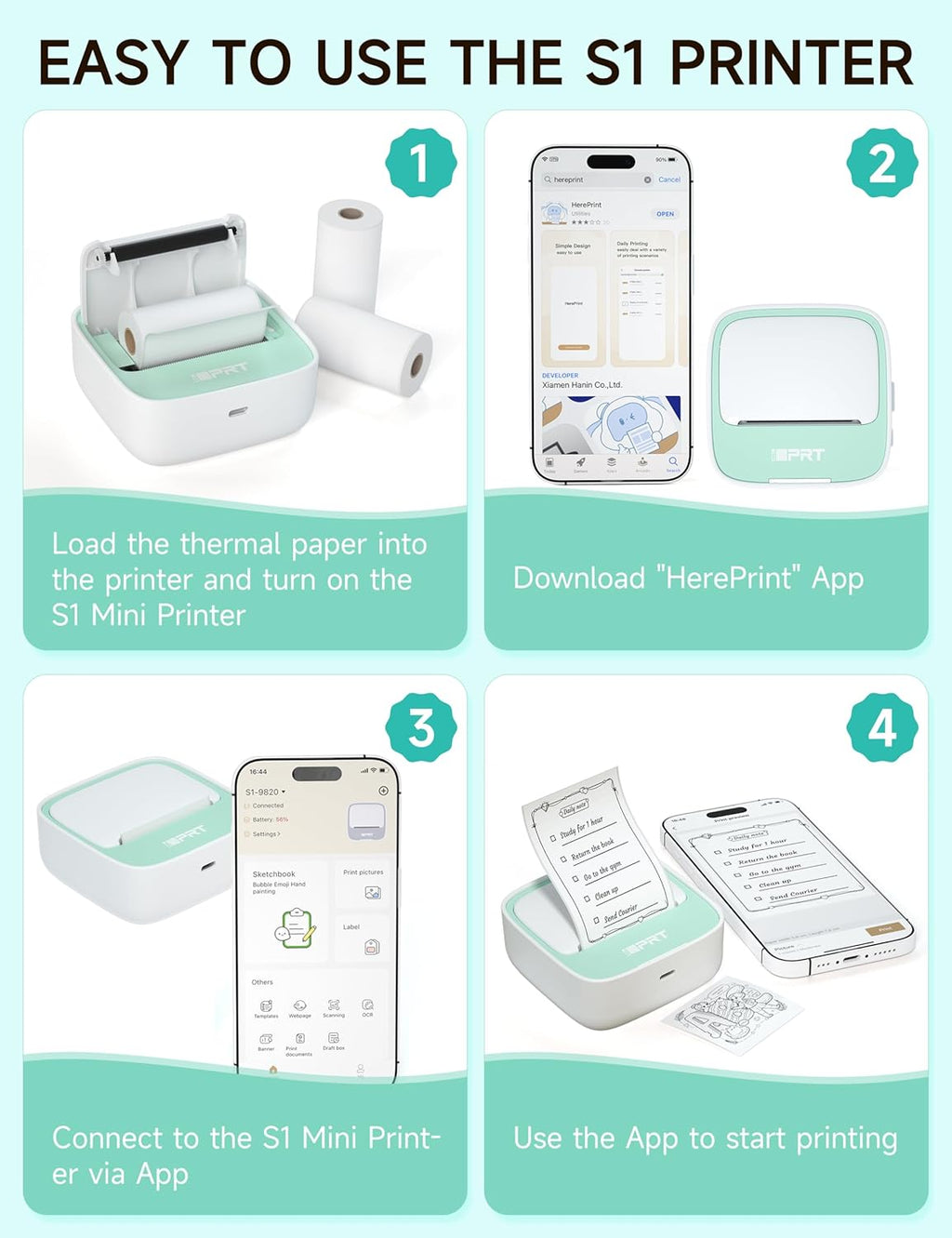 iDPRT Portable Sticker Maker Machine with 1 Roll Sticker Paper, Mini Printer Efficiently and Quickly, Thermal Printer for Study Notes, Pictures, DIY, Label, Free App with Multiple Templates, Green