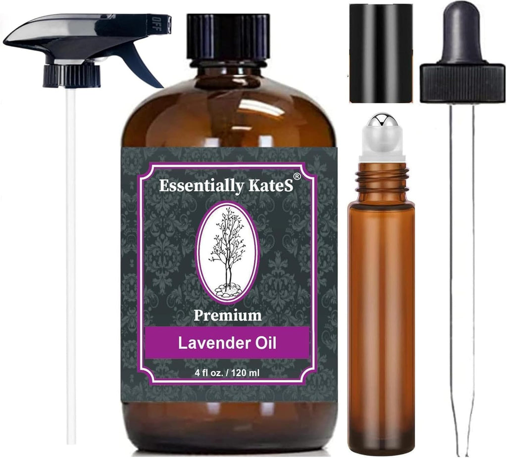 Essentially Kates Lavender Oil - 100% Pure and Natural, Therapeutic Grade with Glass Dropper and Roll-on Bottle
