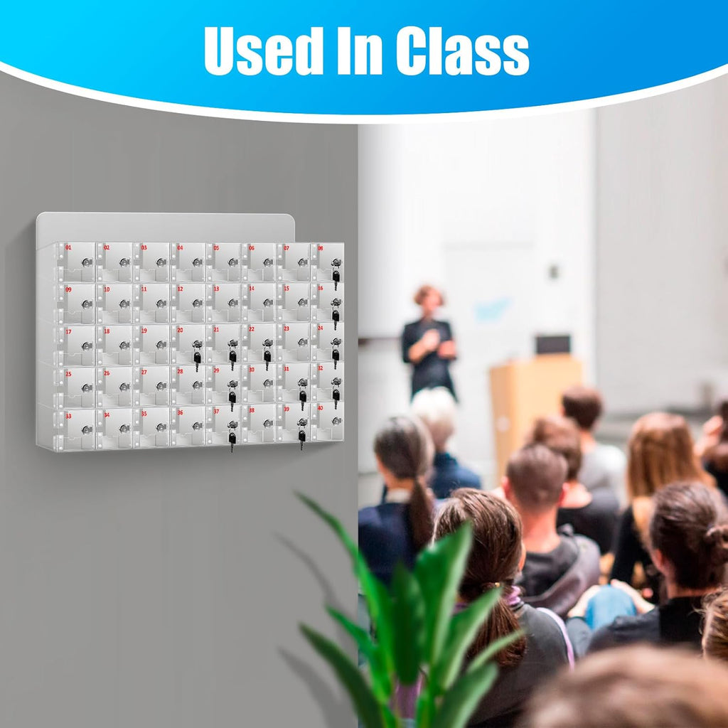 40 Slots Clear Acrylic Cell Phone Locker Box Wall-Mounted with Keys, Lockable Secure Storage Cabinet for Classroom Office Gym, Multi-Use Phone Lock Organizer for Employees Students (Large)