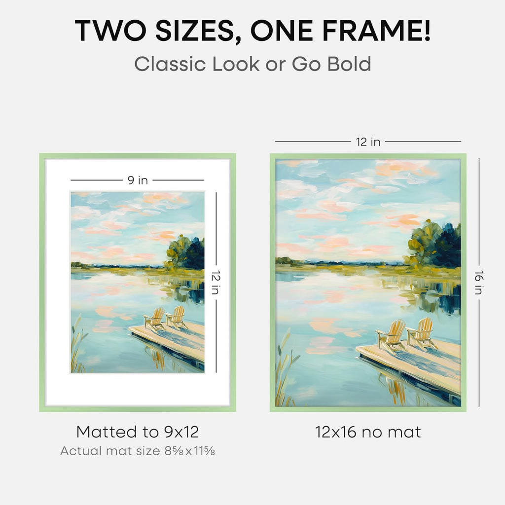 Homeforia 12x16 Sage Green Picture Frame, High End Metal 12x16 Poster Frames with Mat 9x12 Photo, 12 x 16 Sage Green Frame Matted to 9 by 12 Art, 16x12 Thin Frames, Tempered Glass, Wall Kit, Set of 2