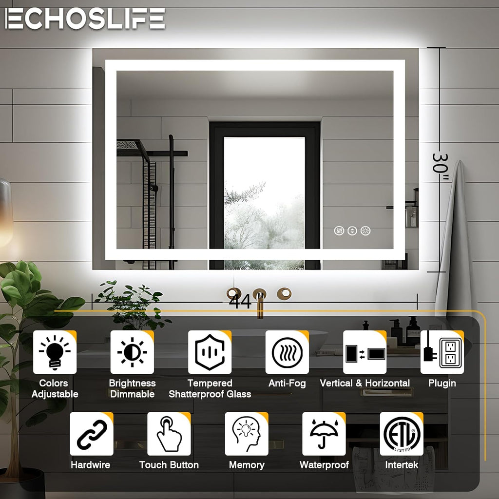 44"x30" Bathroom Light up Mirror, Double Bright Lights, Anti-Fog Vanity Mirror with Lights, Stepless Dimmable Illuminated Mirror, Touch Control, Waterproof (Horizontal/Vertical)