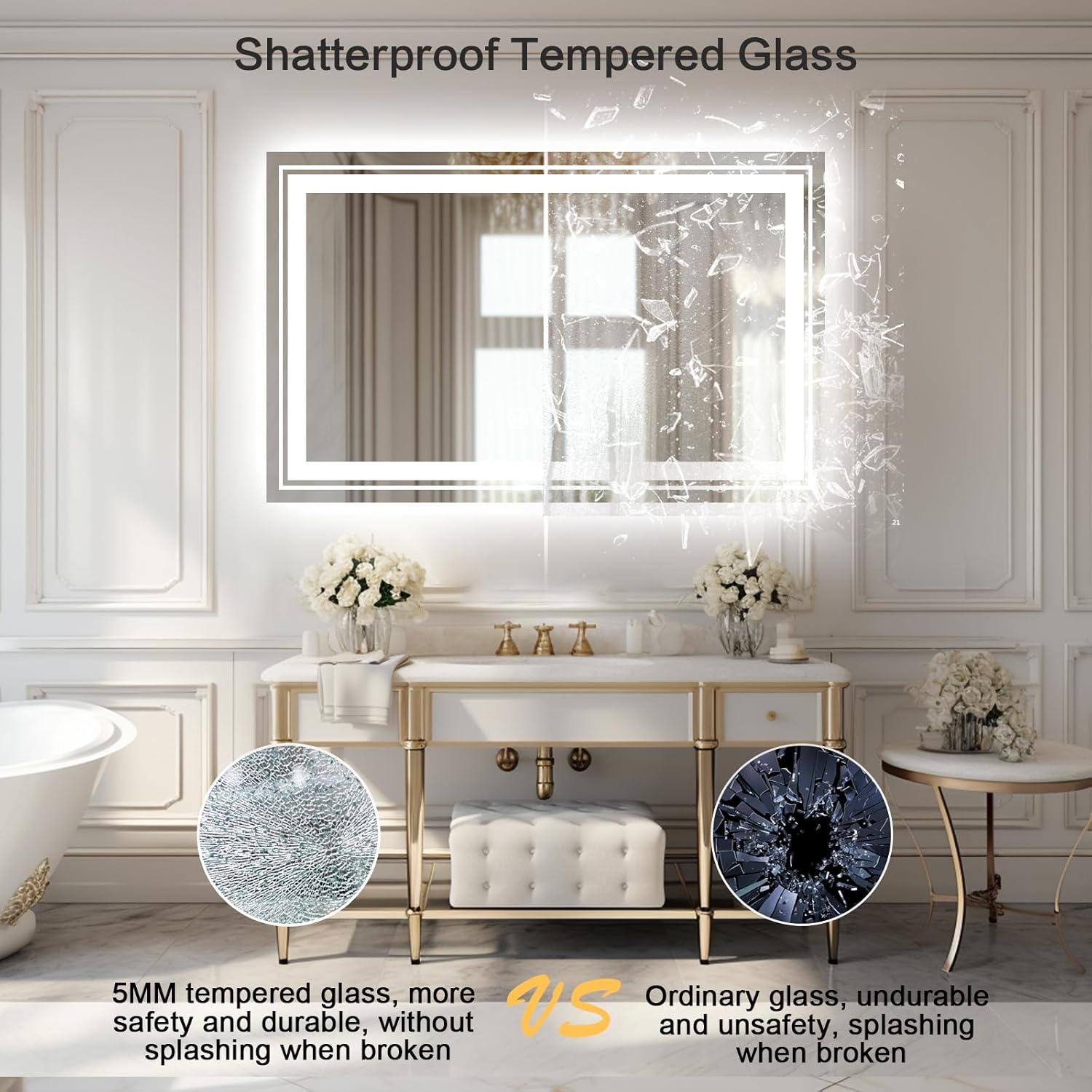 WTTY 40"x28" LED Bathroom Mirror with Lights, Backlit and Front Lighted Bathroom Vanity Mirrors for Wall, Anti-Fog, Dimmable Wall Mirrors for Bathroom, Memory, Tempered Glass, Double LED Vanity Mirror